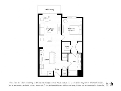 Floor plan for 1 bed, 1 bath, 801 sqft